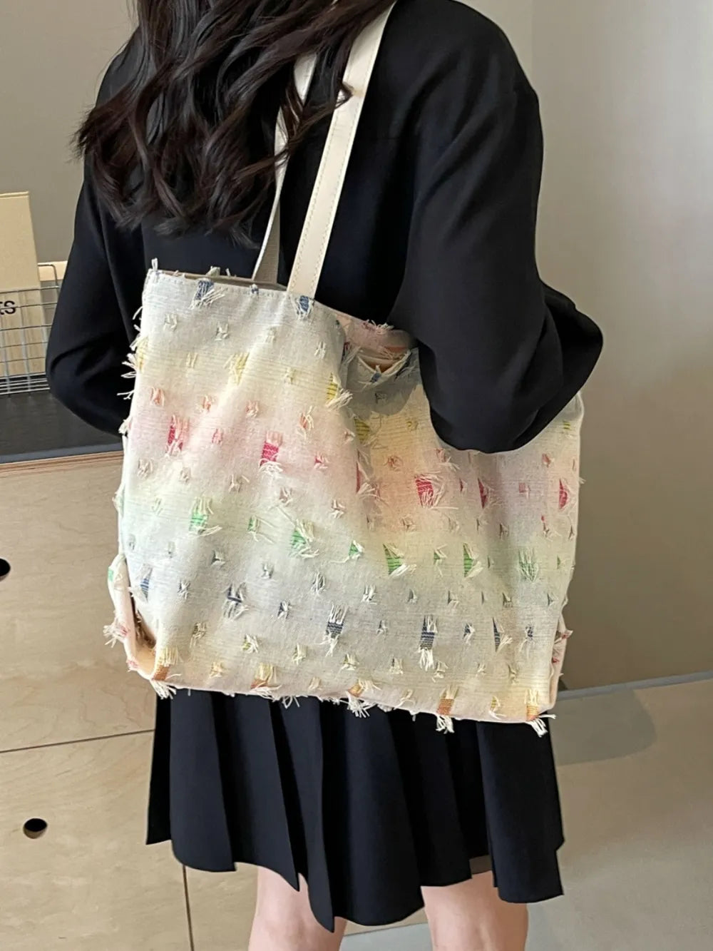 Rainbow Raw Hem Tote Bag