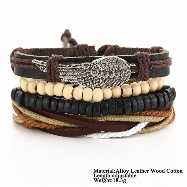 2 pcs Tibet Stone Feather Multilayer Leather Bracelet Eye Fish Charms Beads Bracelets for Men Vintage Punk Wrap Wristband