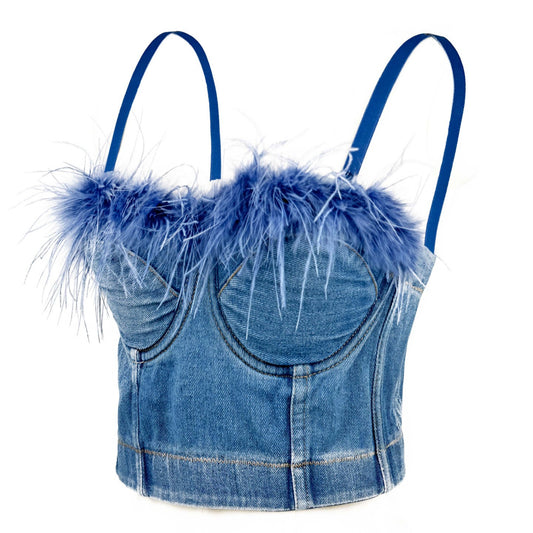 Denim Corset Strapless Top with Built-in Pads Sweet and Spicy Feather Bralette