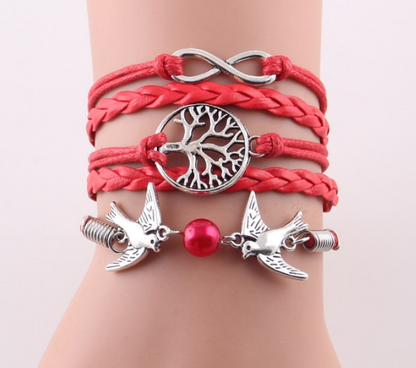 Pulsera trenzada de cuero con perlas de imitación y dije de pájaros voladores de árbol infinito de moda para mujer, pulseras y brazaletes para mujer, joyería