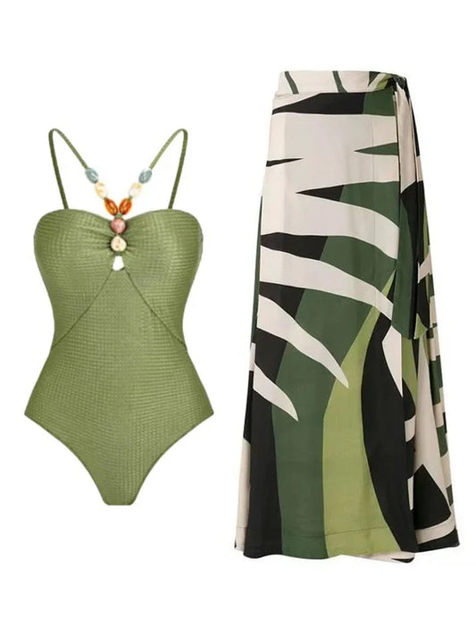 Body de una pieza con cuello adornado y tirantes para el hombro, color verde, con estampado de hojas, para vacaciones, informal, para playa y verano