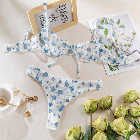 Cross-border New Floral Separated Bra Set Sexy Temptation Ultra-thin Mesh Print Transparent Erotic Underwear