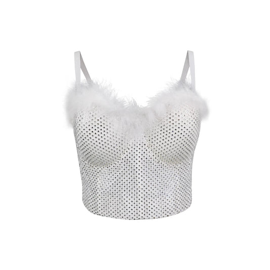 Lace-Up Back Fitted Camisole with Feather and Rhinestone Embellishments