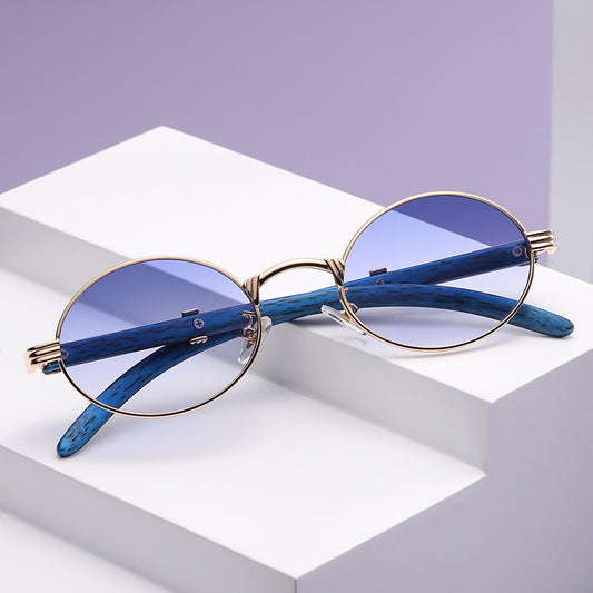 New Vintage Imitation Wood-Print Sunglasses Small Round Frame Sunglasses Men's Hipster Glasses