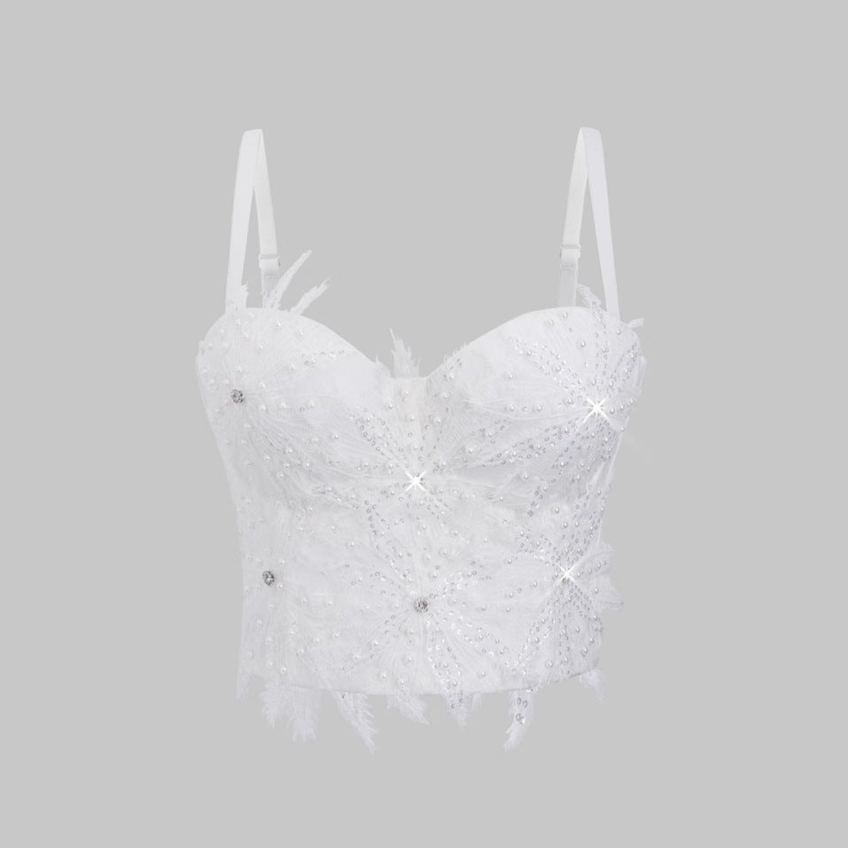 White Strapless Sexy Camisole for Women Burnout Beading Shaping