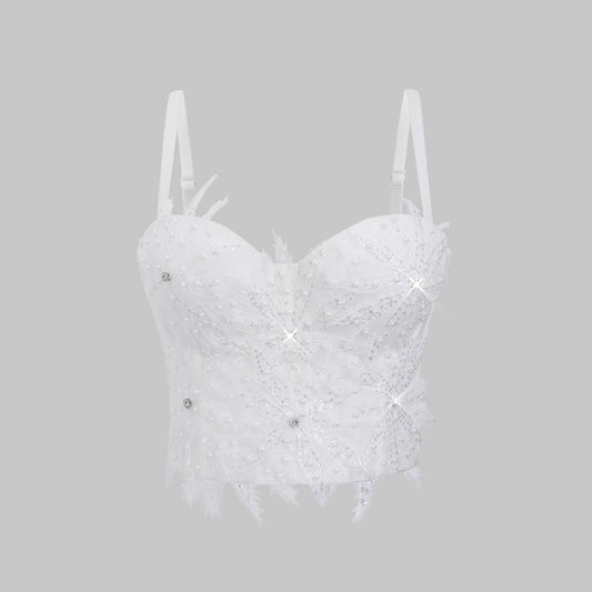 White Strapless Sexy Camisole for Women Burnout Beading Shaping