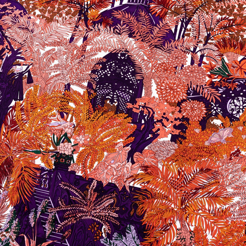 Twill silk square scarf jungle castle print scarf - BAGMODA