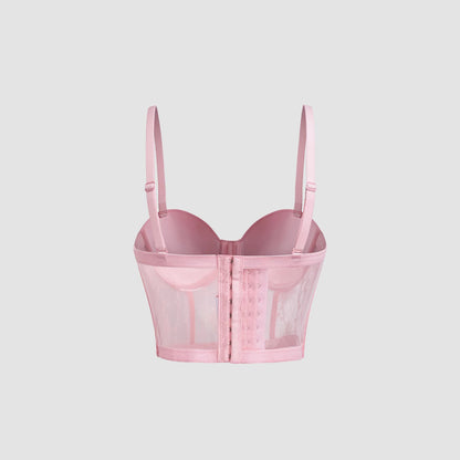 Conjunto de sujetador para mujer con malla ultrafina y aro de acero con diseño de espiga y bordado fruncido.