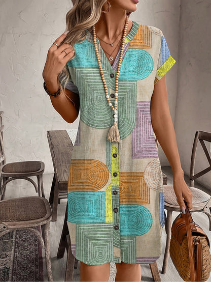 Geometric print V-neck dress for women - BAGMODA