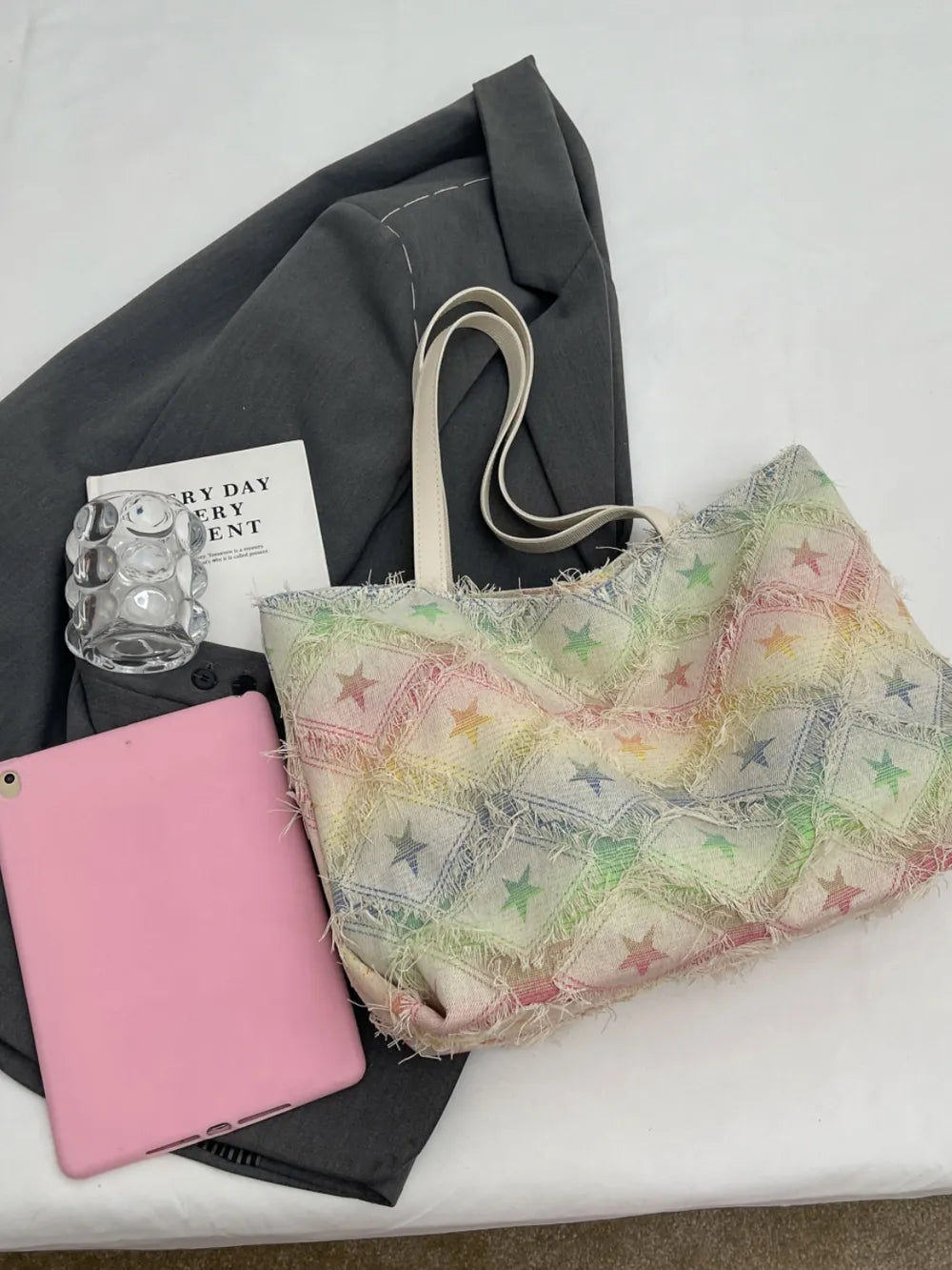 Rainbow Raw Hem Tote Bag