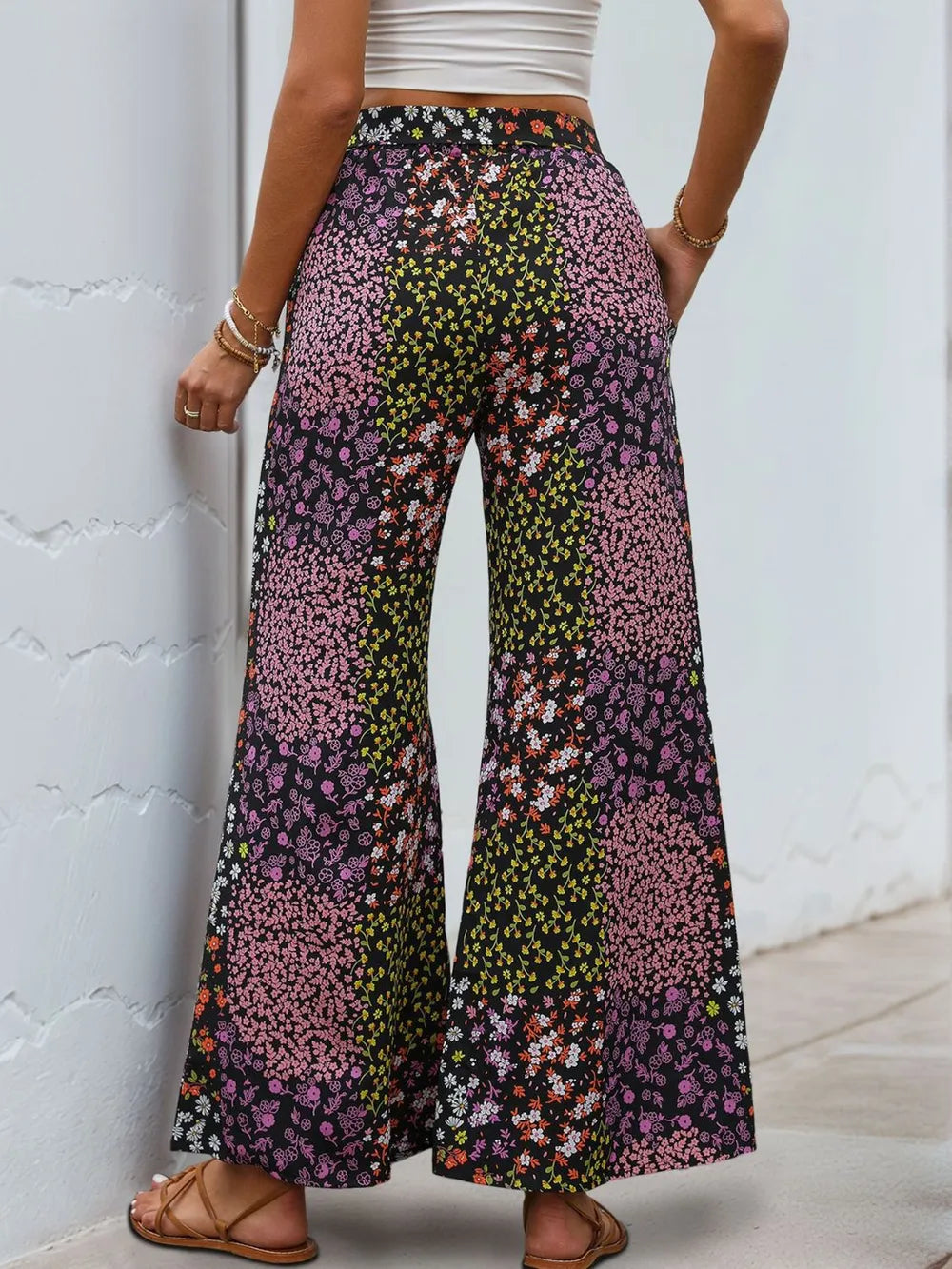 Lace up leopard print high waisted wide leg pants for women - BAGMODA