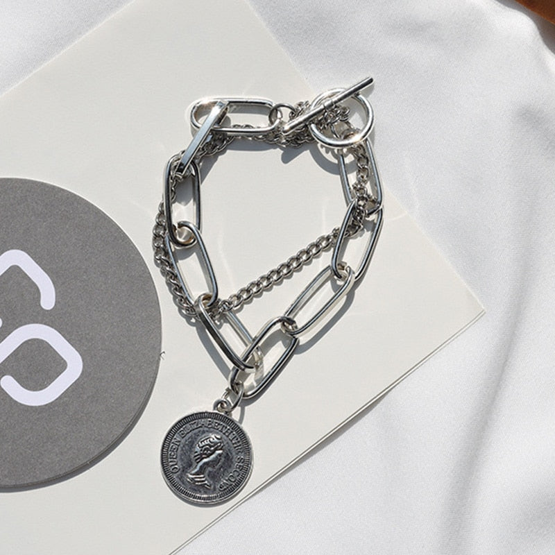 Punk Bracelets Carved Coin Head Bracelet Bangle Bohemian Circle Queen Thick Chain Tassel Pendant Bracelet Women Jewelry