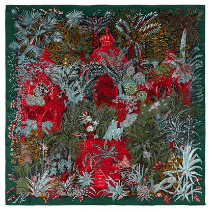 Twill silk square scarf jungle castle print scarf - BAGMODA