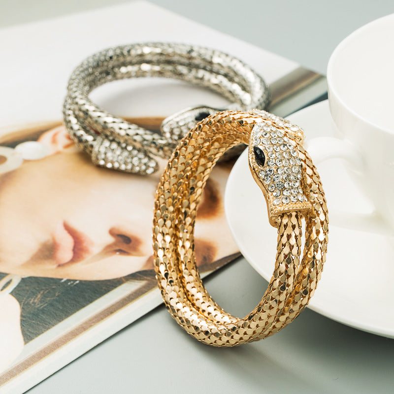 New Personality Exaggerated Punk Style Snake Shape Winding Men's And Women's Bracelets Alloy Inlaid Rhinestones Retro Bracelet Jewelry