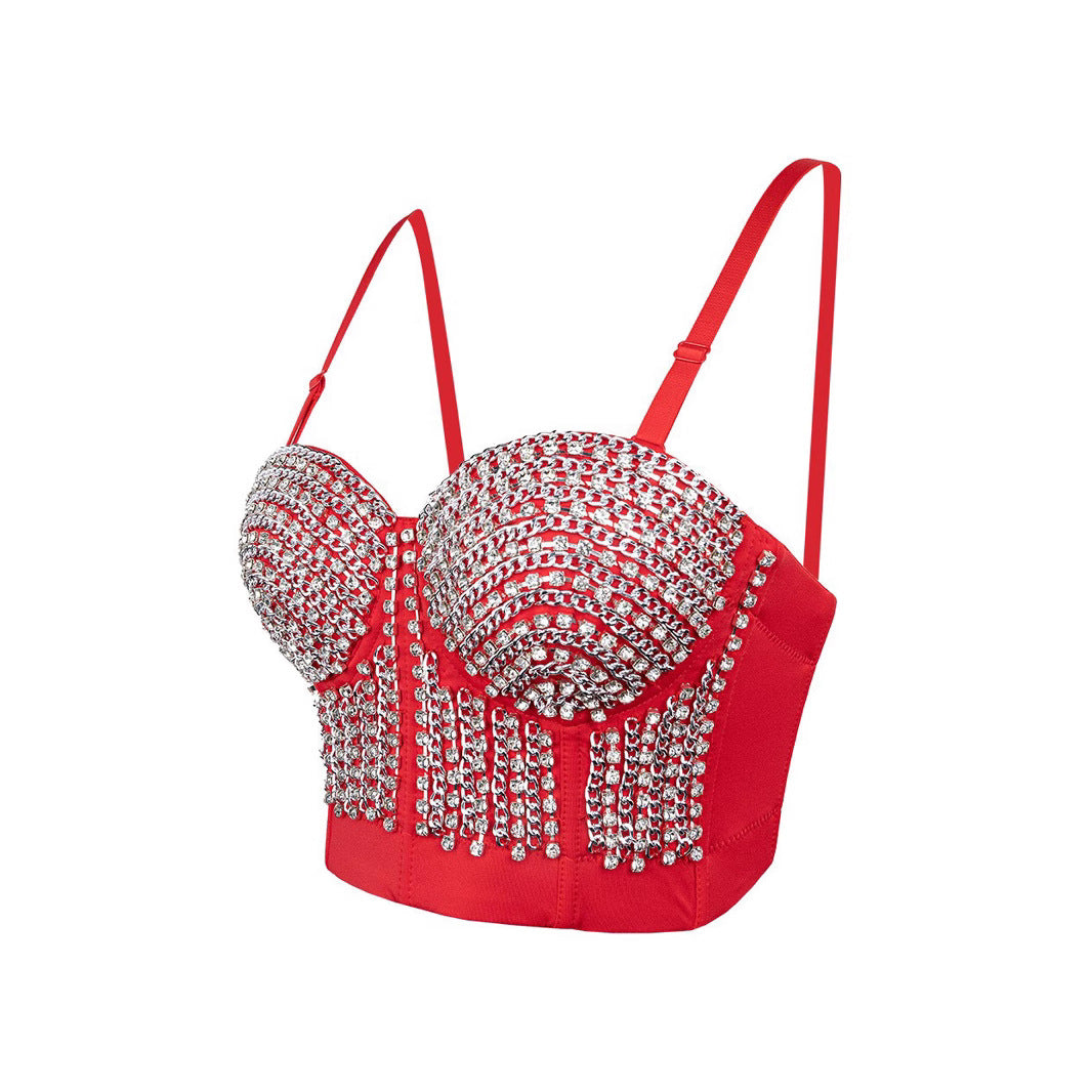 Sexy Waist-Baring Chain Decorated Mini Camisole Bralette with Boning Design