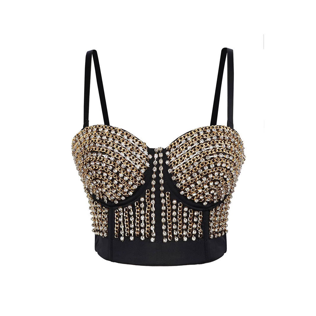 Sexy Waist-Baring Chain Decorated Mini Camisole Bralette with Boning Design