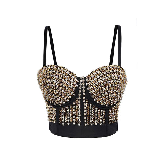 Sexy Waist-Baring Chain Decorated Mini Camisole Bralette with Boning Design