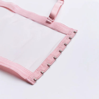 Conjunto de sujetador para mujer con malla ultrafina y aro de acero con diseño de espiga y bordado fruncido.