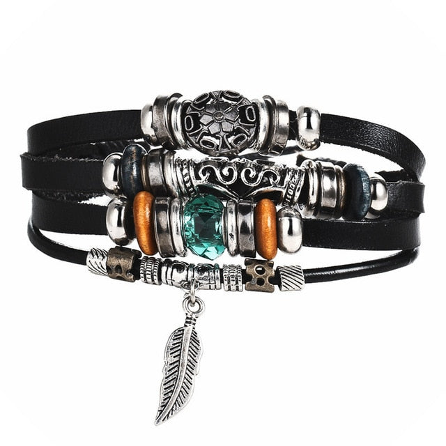 2 pcs Tibet Stone Feather Multilayer Leather Bracelet Eye Fish Charms Beads Bracelets for Men Vintage Punk Wrap Wristband