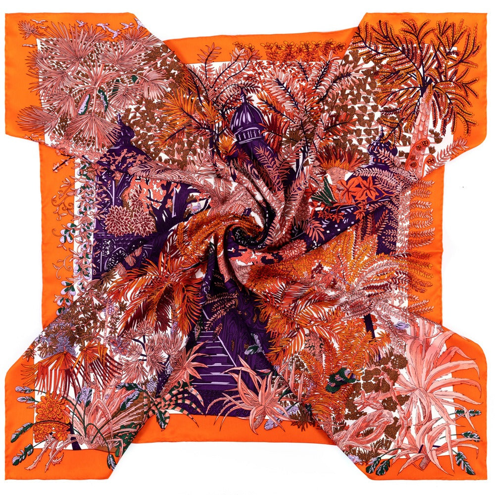 Twill silk square scarf jungle castle print scarf - BAGMODA