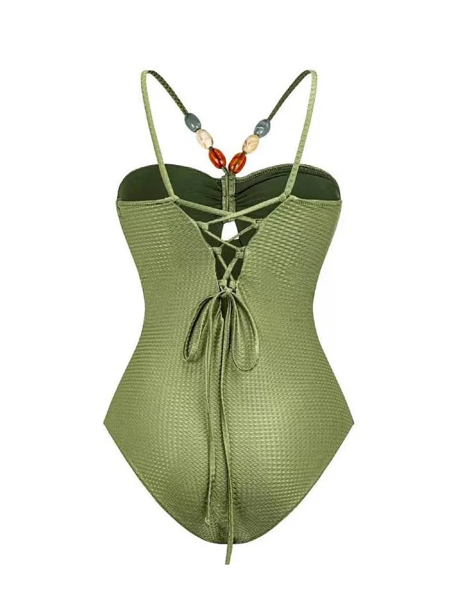 Body de una pieza con cuello adornado y tirantes para el hombro, color verde, con estampado de hojas, para vacaciones, informal, para playa y verano