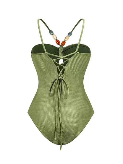 Body de una pieza con cuello adornado y tirantes para el hombro, color verde, con estampado de hojas, para vacaciones, informal, para playa y verano