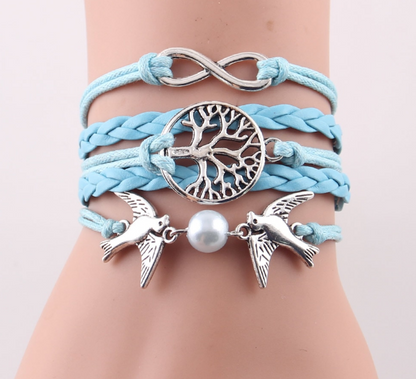 Pulsera trenzada de cuero con perlas de imitación y dije de pájaros voladores de árbol infinito de moda para mujer, pulseras y brazaletes para mujer, joyería