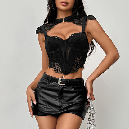 Camisola sexy transparente con cordones y diseño de espiga de pescado, pequeña y picante