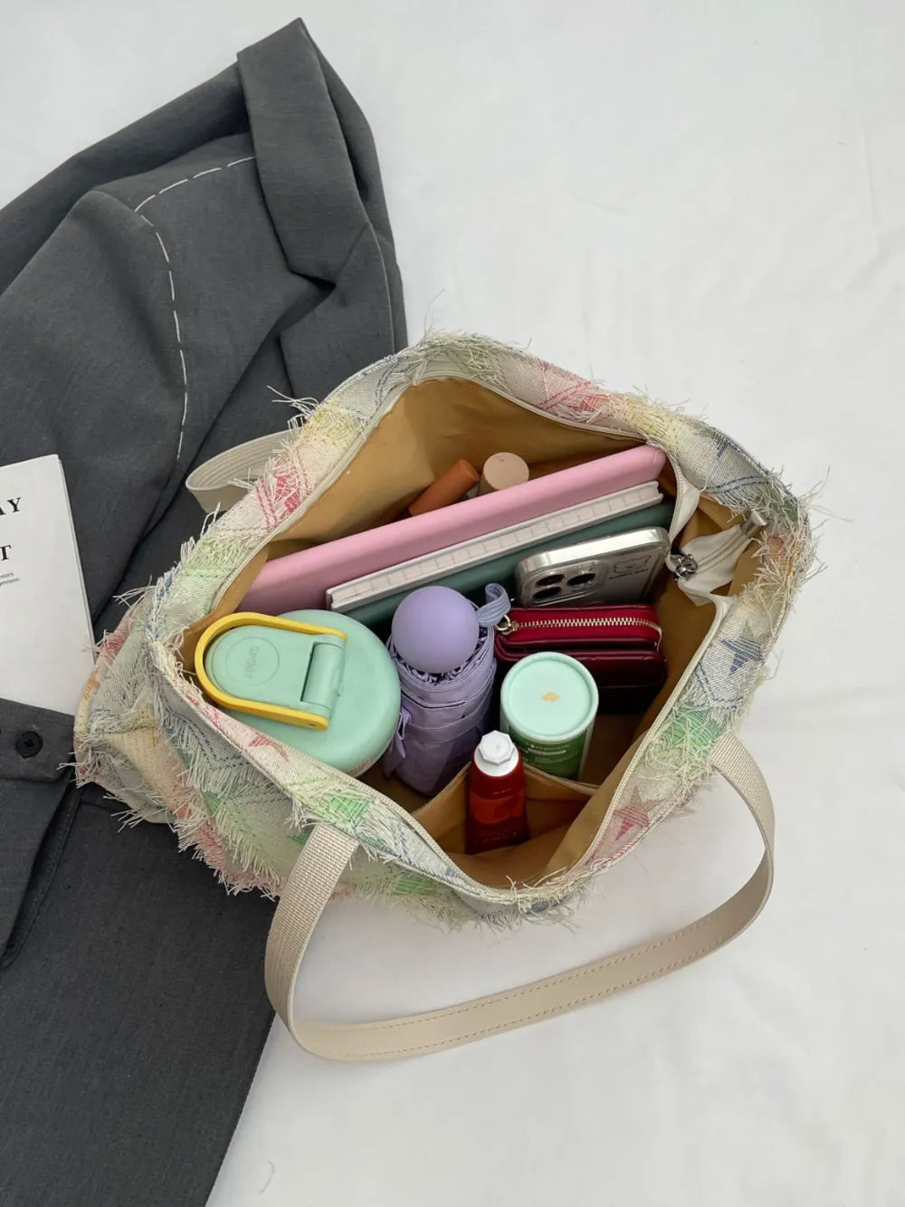 Rainbow Raw Hem Tote Bag
