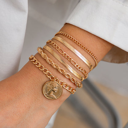 Ins round pendant Bracelet set irregular metallic flat snake chain bracelet - BAGMODA