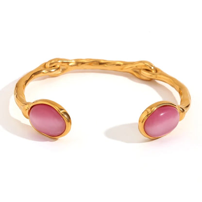 Ovales Naturstein-Armband, offen, unregelmäßig, grüner Achat, rosa Kristall, 18 Karat vergoldet, 316L Edelstahl, Armbänder für Frauen 