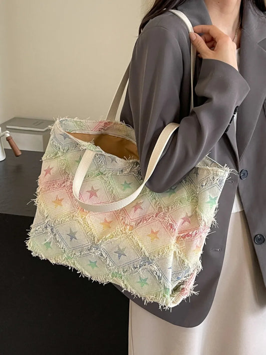 Rainbow Raw Hem Tote Bag