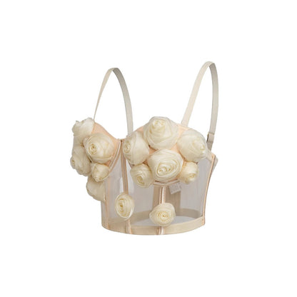 Diseño de espalda sexy de malla transparente y detalle de flor de rosa