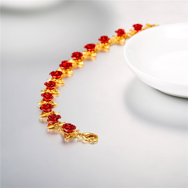 U7 Bracelet Red Rose Flowers Wrist Chain Charm Mother's Day Gift For Women Wedding Party Jewelry Bridesmaid Bracelets