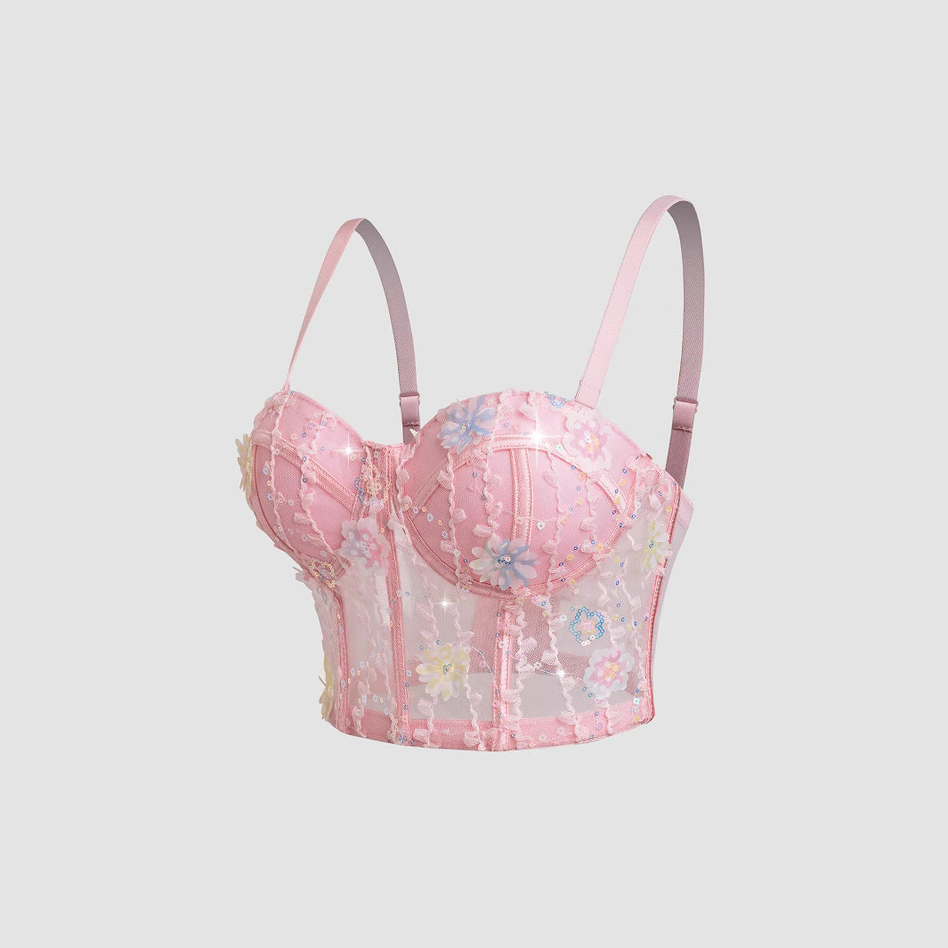 Women's Bra Set Ultra-thin Mesh Fishbone Steel Ring Gathered Embroidered Underwear