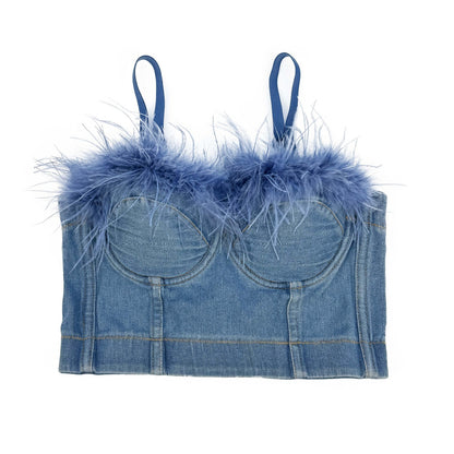 Top sin tirantes con corsé de mezclilla y almohadillas incorporadas. Bralette de plumas dulce y picante.
