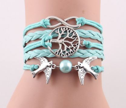 Pulsera trenzada de cuero con perlas de imitación y dije de pájaros voladores de árbol infinito de moda para mujer, pulseras y brazaletes para mujer, joyería