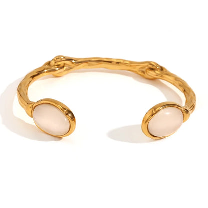 Ovales Naturstein-Armband, offen, unregelmäßig, grüner Achat, rosa Kristall, 18 Karat vergoldet, 316L Edelstahl, Armbänder für Frauen 
