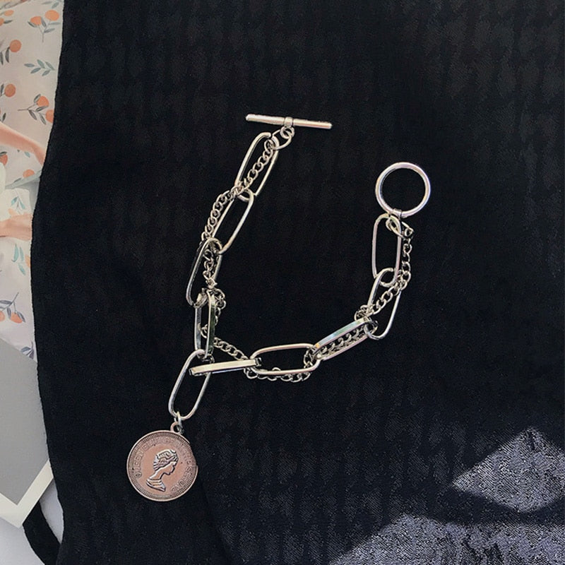 Punk Bracelets Carved Coin Head Bracelet Bangle Bohemian Circle Queen Thick Chain Tassel Pendant Bracelet Women Jewelry