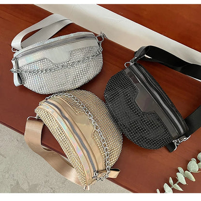 Riñonera con diamantes para mujer, bolso de hombro de diseñador de lujo, bolso de mano con cadena, bandolera