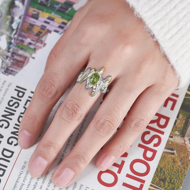 S925 Sterling Silver Irregular Personality Unisex Style Prehnite Open Ring