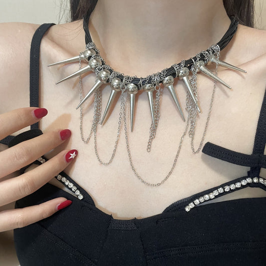Rivet Round Beads Winding Tassel Necklace