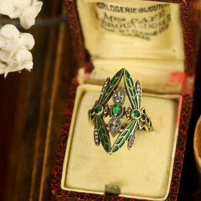 Anillo de libélula con gemas de cara ancha para mujer, joyería vintage