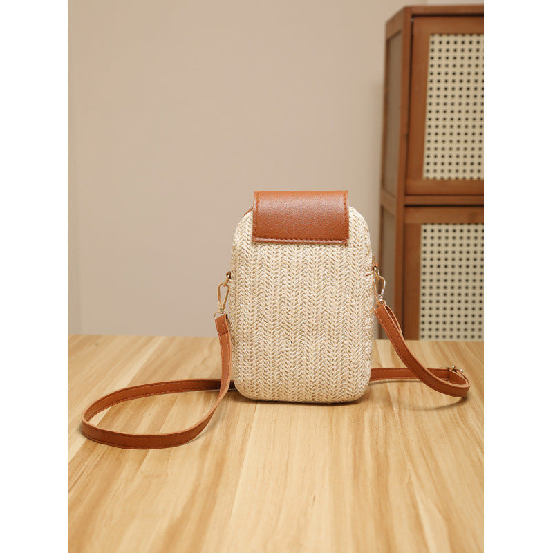 Bolso de paja moderno para teléfono móvil con borlas de perlas
