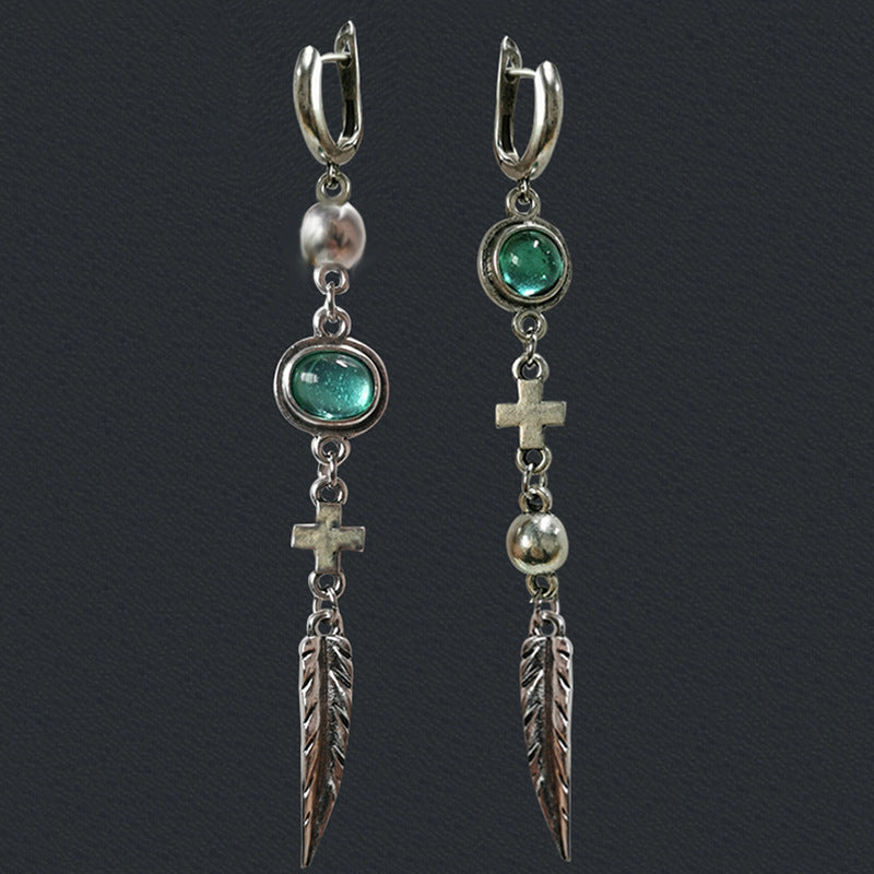 Metal Cross Feather Tassel Earrings For Women