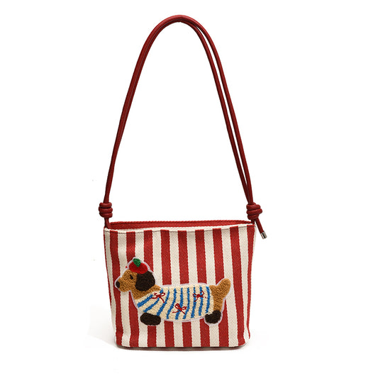 Nueva bolsa tipo cubo con diseño de perro salchicha de dibujos animados con textura otoñal