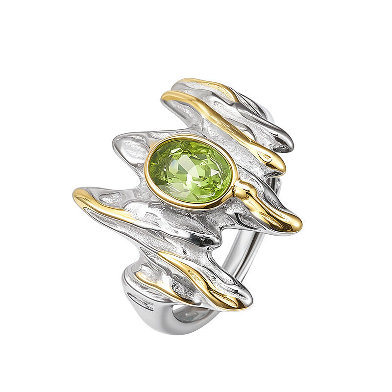 S925 Sterling Silver Irregular Personality Unisex Style Prehnite Open Ring