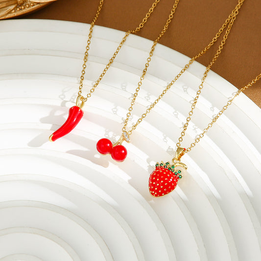 Red Delicate Indie Cherry Strawberry Pepper Necklace