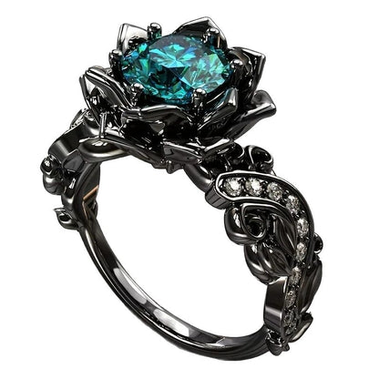 Anillo punk sencillo personalizado con nicho de circonita y cristales de colores de rosa negra.
