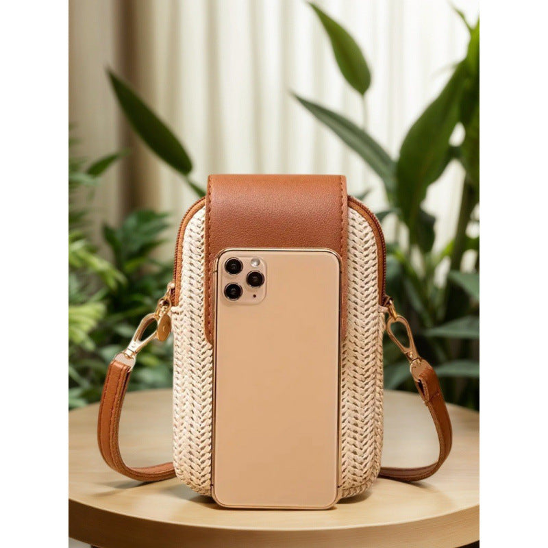 Bolso de paja moderno para teléfono móvil con borlas de perlas